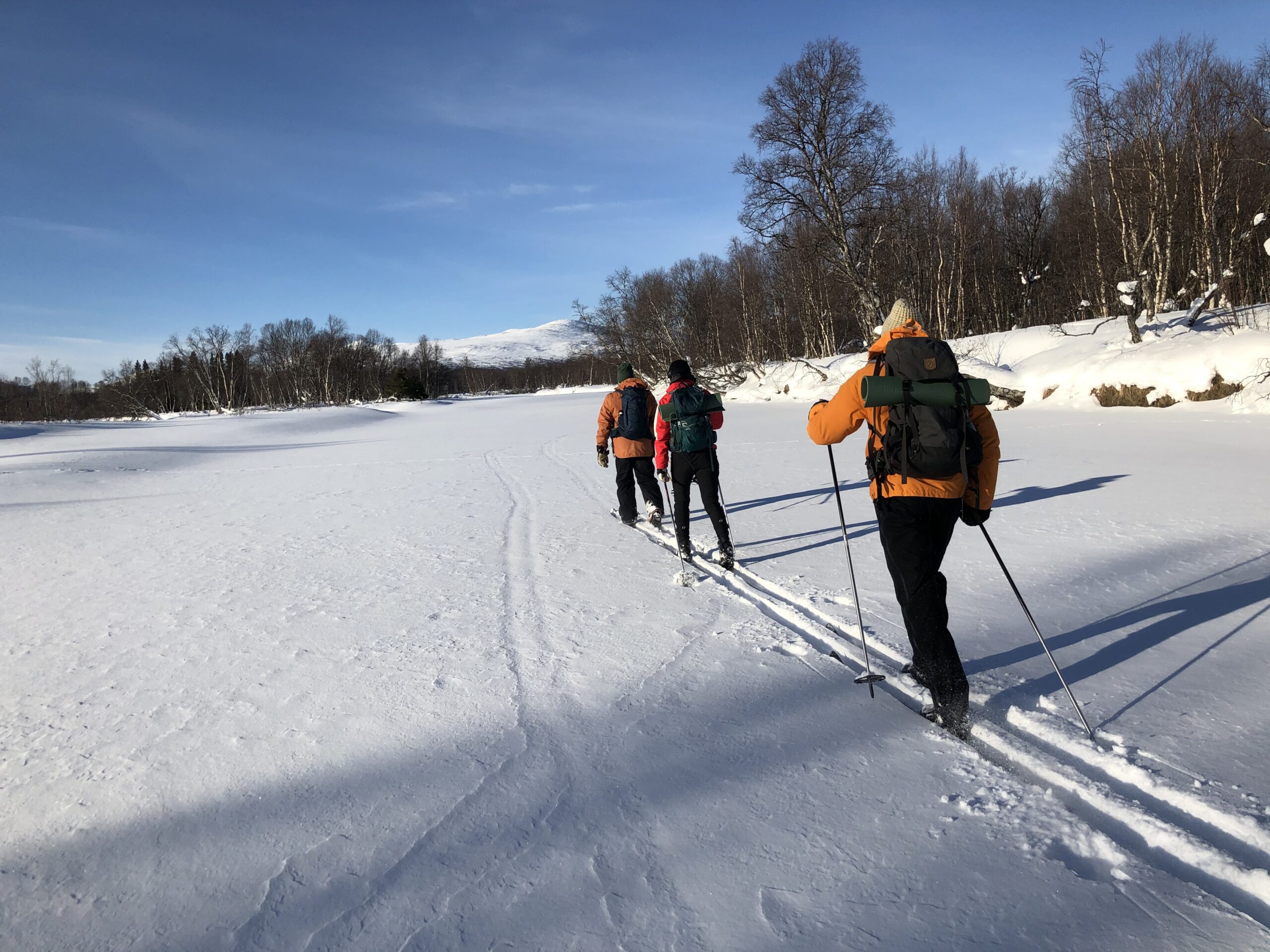 Tre persom åker skidor i ospårad terräng under solsken och blå himmel.