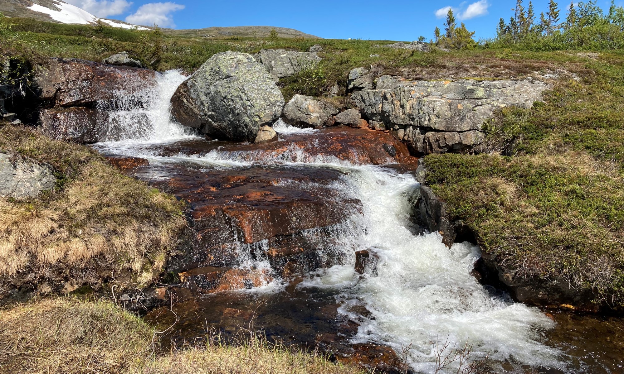 En fjällbäck som forsar över en klippa, där en stor sten ligger mitt i bäcken.