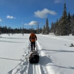 På väg längs fjälled med skidor och pulka en solig dag