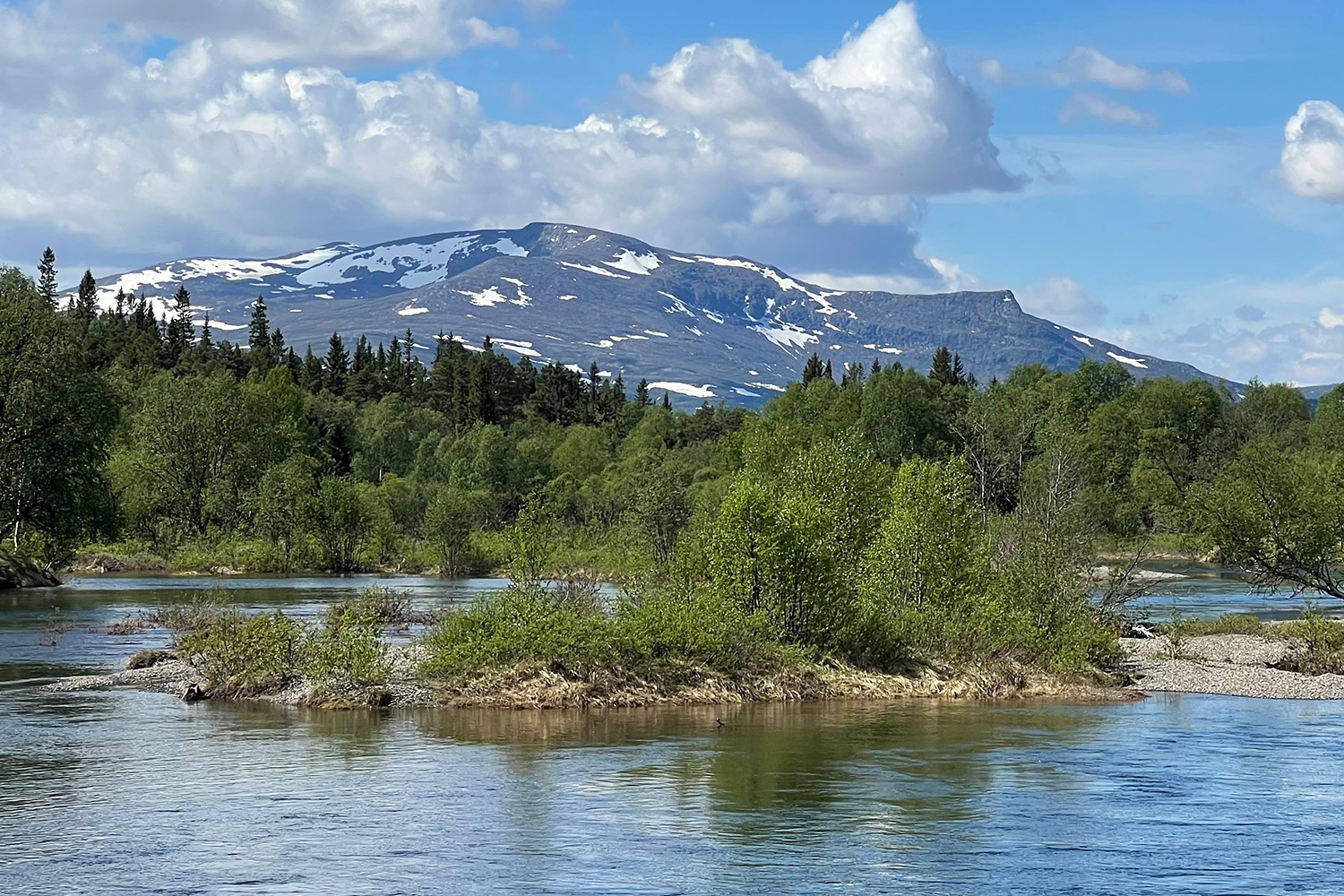 Utsikt över Vålådans strömmande vatten och det mäktiga Lill-Stensdalsfjället