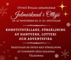 Ottsjö byalags inbjudan till julmarknad i Ottsjö, med vit text på röd bakgrund