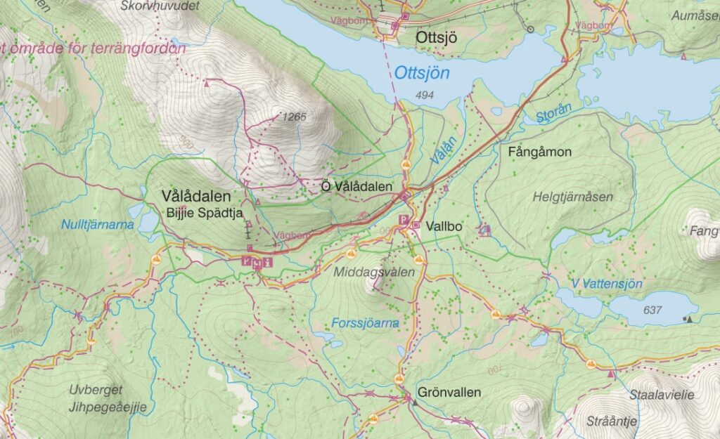 Kartbild över vägar, stigar och leder i Vålådalen med omnejd