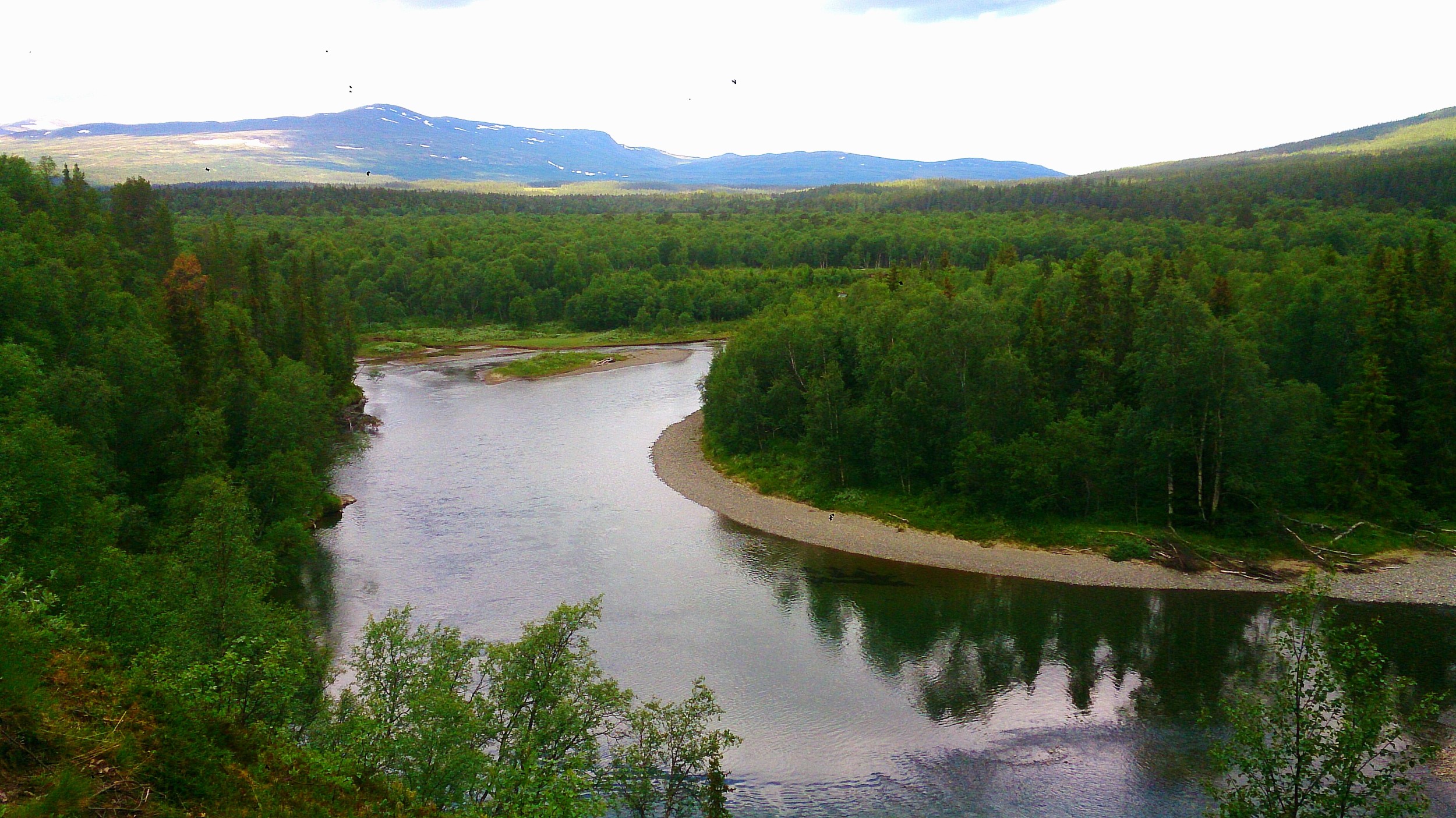 Sommargrön utsikt över Vålån och Kyrkstensfjället