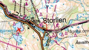 Kartbild över Storlien med ett rött kryss vid Norra Sandtjärn
