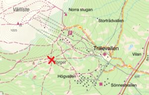 Kartbild över Trillevallen med ett rött kryss vid "Torget"