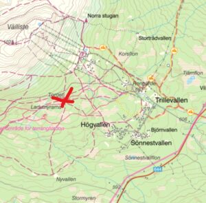 Kartbild över Trillevallen med ett rött kryss vid naturums Pop-up