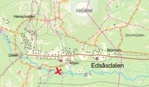 Kartbild över Edsåsdalen med rött kryss vid vindskydd längs Henån