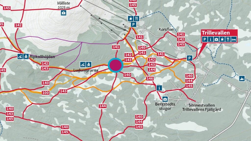 Torget markerat med en rosa och blå prick på Trillevallens spårkarta